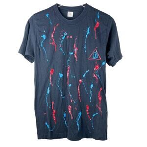 Vintage HANCO Black Handpainted Womens T-Shirt Blue & Red Paint Size L